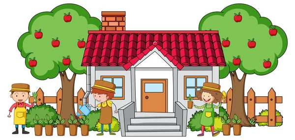 Many Kids Doing Different Activities House Illustration — Stock Vector