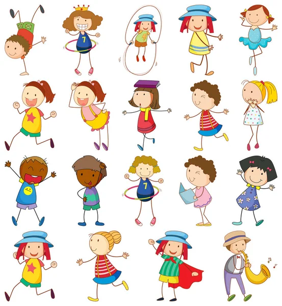 Set Diversi Bambini Illustrazione Stile Doodle — Vettoriale Stock