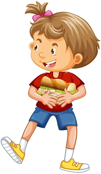 Happy Girl Cartoon Character Hugging Food Sandwich Illustration — Stock Vector