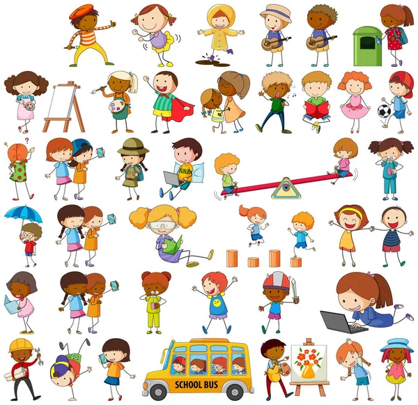 Conjunto Dibujos Animados Diferentes Doodle Niños Ilustración Personajes — Vector de stock