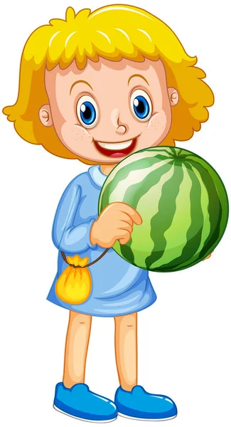 Gelukkig Meisje Cartoon Karakter Met Een Watermeloen Illustratie — Stockvector