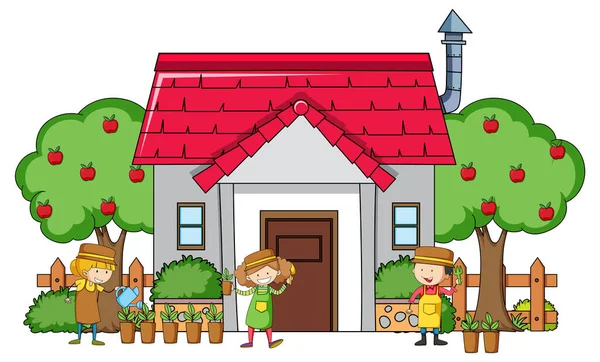 Muitas Crianças Fazendo Diferentes Atividades Redor Casa Ilustração — Vetor de Stock
