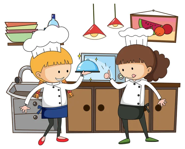 Kleine Chef Met Keukengerei Witte Achtergrond Illustratie — Stockvector