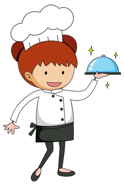 Kleine Chef Kok Serveert Voedsel Cartoon Karakter Illustratie — Stockvector