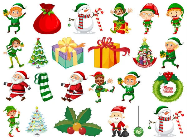 Sada Kreslených Postaviček Elfů Vánočních Předmětů Izolovaných Bílém Pozadí Ilustrace — Stockový vektor