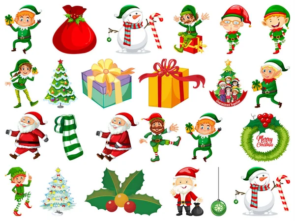 Set Van Elfen Stripfiguur Kerst Objecten Geïsoleerd Witte Achtergrond Illustratie — Stockvector