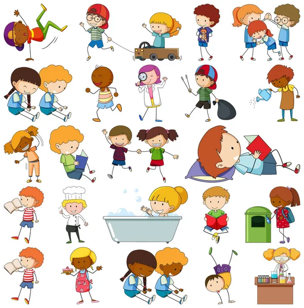 Conjunto Dibujos Animados Diferentes Doodle Niños Ilustración Personajes — Vector de stock