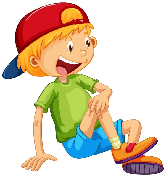 Ein Glücklicher Junge Sitzt Cartoon Figur Auf Weißem Hintergrund Illustration — Stockvektor