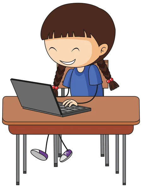 Menina Bonito Usando Laptop Doodle Desenho Animado Personagem Ilustração —  Vetores de Stock