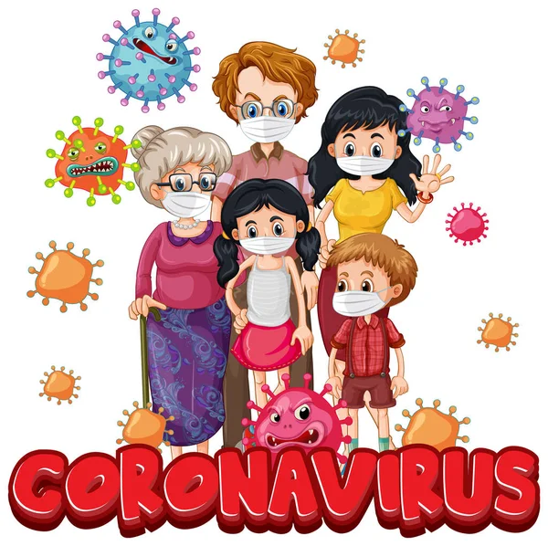 Membri Della Famiglia Mascherati Con Illustrazione Del Carattere Coronavirus Illustrazione Stock