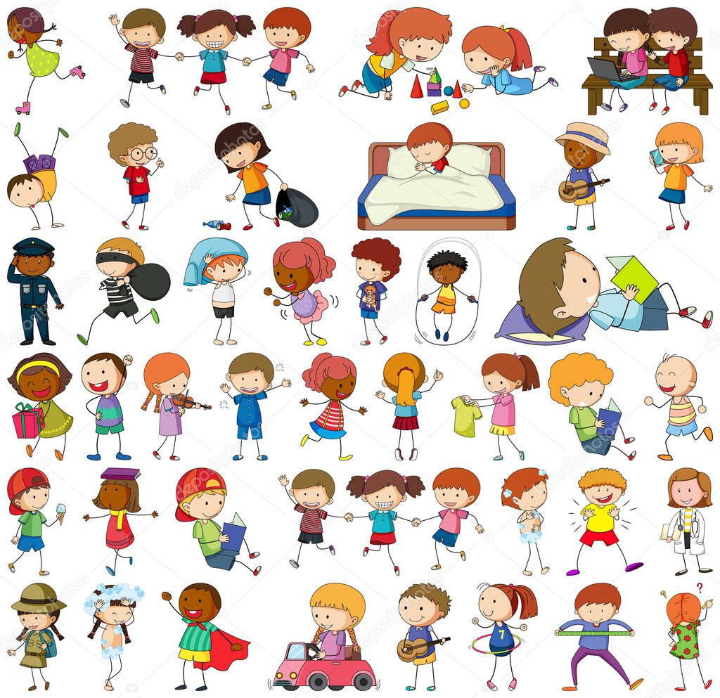 Set of different doodle kids cartoon character isolated illustration