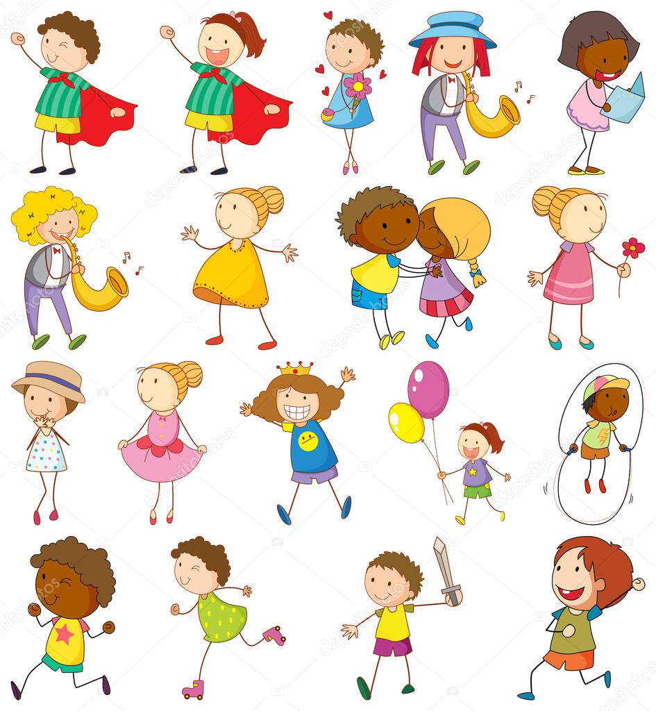 Set of different kids in doodle style illustration