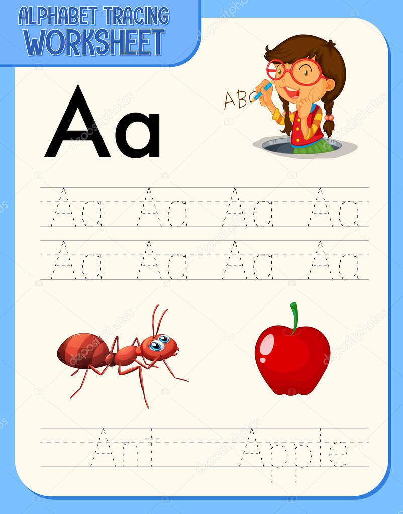 Alphabet tracing worksheet with letter and vocabulary illustration