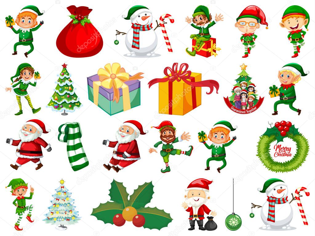 Set of Elves cartoon character and Christmas objects isolated on white background illustration