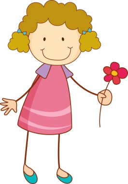 Elinde çiçekli çizgi film karakteri tutan karalama yapan bir çocuk.