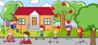 Oyun parkında oynayan çocukların olduğu açık hava sahnesi