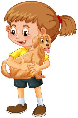 Mutlu kız çizgi film karakteri sevimli bir köpek resmine sarılıyor.