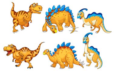 Set of orange dinosaur cartoon character illustration clipart