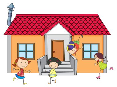 Beyaz arkaplan resimlerinde bir sürü çocuğun olduğu bir evin ön görüntüsü