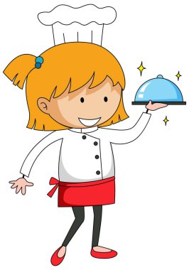 Küçük şef çizgi film karakteri illüstrasyonu servis ediyor.