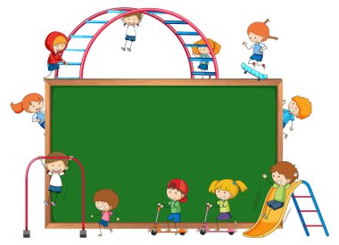 Birçok çocuğun karaladığı boş karatahta karikatür karakteri izole edilmiş.