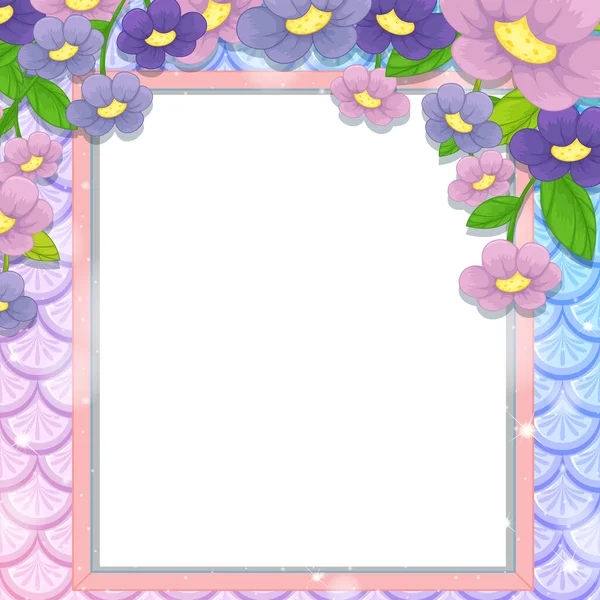 Blank Banner Auf Regenbogen Fischschuppen Hintergrund Mit Vielen Blumen Illustration — Stockvektor