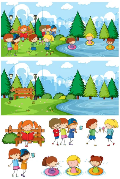 Scena Del Parco Con Molti Bambini Doodle Personaggio Dei Cartoni — Vettoriale Stock