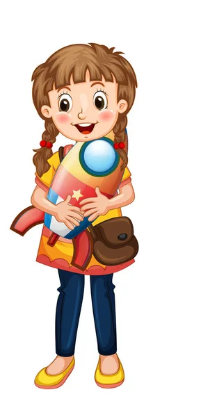 Cute Girl Cartoon Character Holding Rocket Ship Illustration — Stock Vector