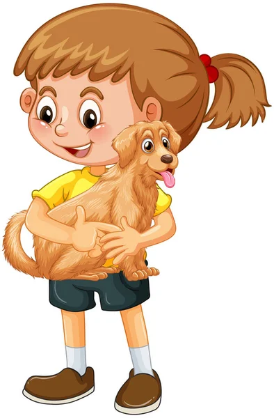 Menina Feliz Personagem Desenho Animado Abraçando Uma Ilustração Cachorro Bonito —  Vetores de Stock