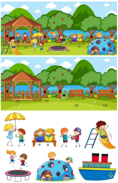 Set Diverse Scene Orizzontali Sfondo Con Doodle Bambini Cartone Animato — Vettoriale Stock