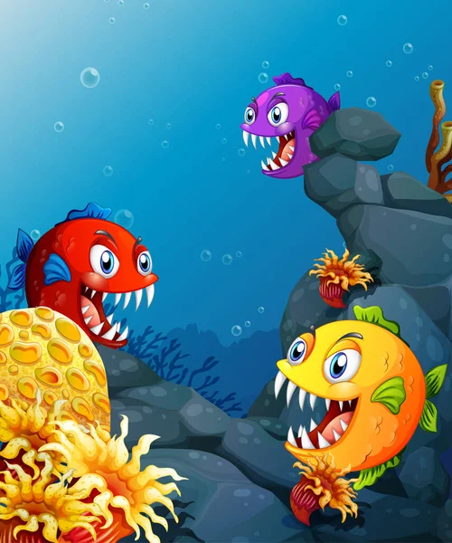 Viele Exotische Fische Zeichentrickfigur Der Unterwasser Hintergrund Illustration — Stockvektor