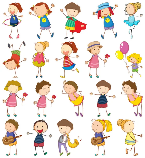 Ensemble Différents Enfants Dans Illustration Style Doodle — Image vectorielle