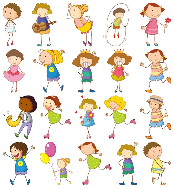 Σύνολο Διαφορετικών Doodle Παιδιά Κινούμενο Σχέδιο Χαρακτήρα Απομονωμένη Εικόνα — Διανυσματικό Αρχείο