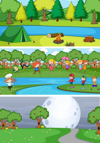 Conjunto Diferentes Escenas Horizontales Fondo Con Dibujos Animados Para Niños — Vector de stock