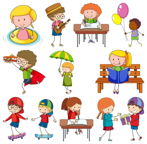 Set Van Verschillende Doodle Kids Stripfiguur Geïsoleerde Illustratie — Stockvector