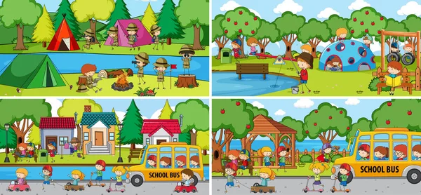 Outdoor Scene Set Many Kids Doodle Cartoon Character Illustration — Stock Vector