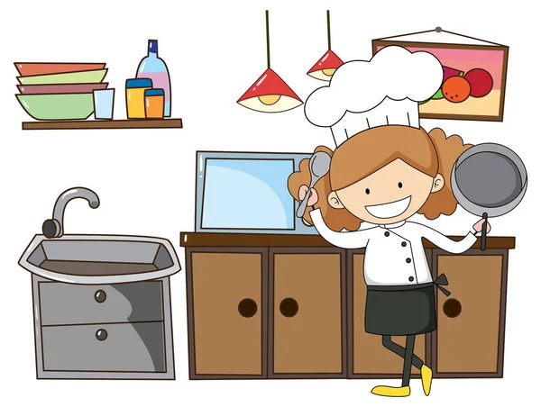 Petit Chef Avec Des Équipements Cuisine Sur Fond Blanc Illustration — Image vectorielle