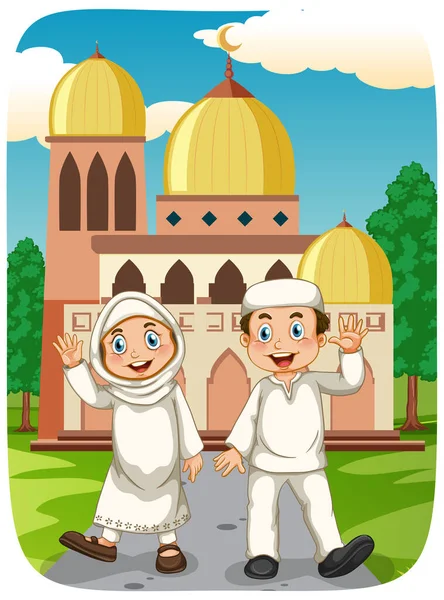 Muslimská Sestra Bratr Kreslený Postava Mešitou Ilustrace — Stockový vektor