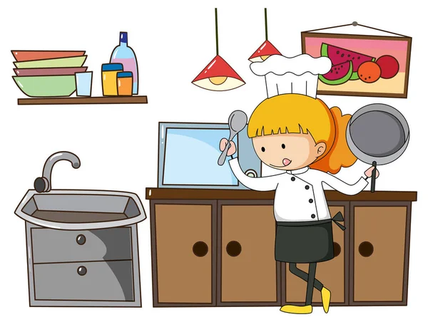 Pequeño Chef Con Equipos Cocina Sobre Fondo Blanco Ilustración — Vector de stock