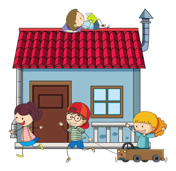 Many Kids Doing Different Activities House Illustration — Stock Vector