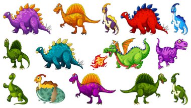 Farklı dinozorlar çizgi film karakteri ve fantezi ejderhaları...