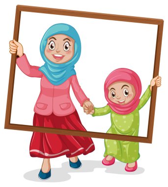 Mutlu anne ve kız fotoğraf çerçevesi çizimleri tutuyorlar.