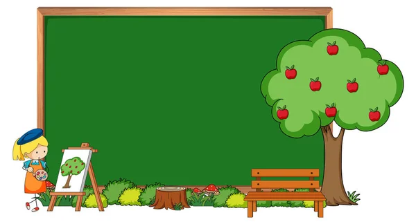 Leeg Schoolbord Met Een Kunstenares Meisje Appelboom Geïsoleerde Illustratie — Stockvector