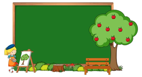 Leere Tafel Mit Einem Künstlermädchen Und Apfelbaum Isolierte Illustration — Stockvektor