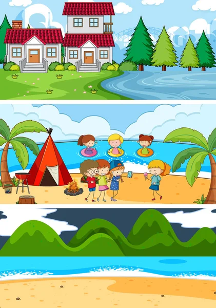 Set Van Verschillende Horizontale Scènes Achtergrond Met Doodle Kinderen Cartoon — Stockvector