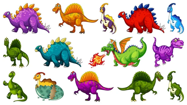 Different Dinosaurs Cartoon Character Fantasy Dragons Isolated Illustration — Stock Vector