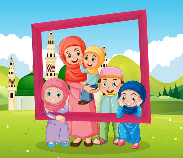 Szczęśliwa Rodzina Gospodarstwa Ramki Zdjęcie Meczetem Tle Ilustracji — Wektor stockowy
