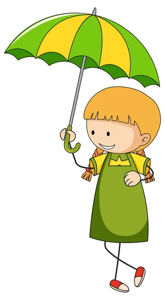 可爱的女孩拿着雨伞涂鸦卡通人物孤立的插图 — 图库矢量图片