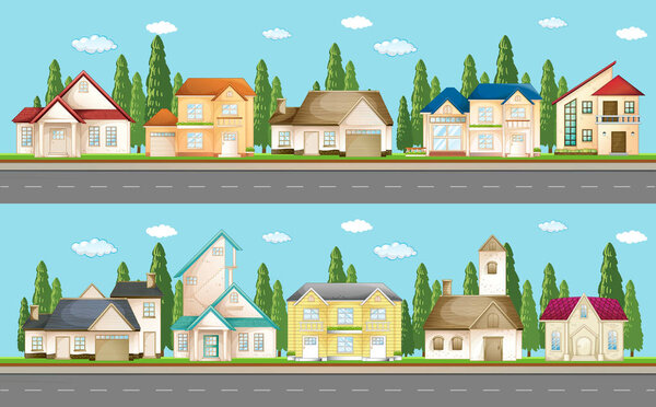 Set of urban houses along the street illustration