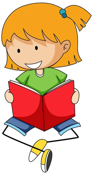 Mignon Fille Lecture Livre Doodle Dessin Animé Personnage Illustration — Image vectorielle